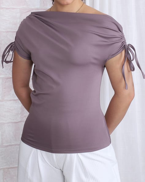 Product image of
                        Shein Shein Asymmetric Neck Off Shoulder Ruched
                        Tie-Up Top
