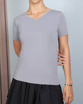 Shein Medium Length Short Sleeves V-Neck Tshirt-picture-19