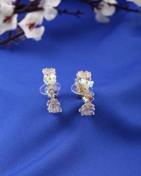 Shein Women Gold Crystal Floral Design Hoop Earrings-picture-24