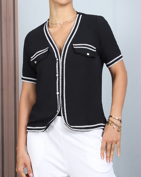 Product image of
                        Shein Shein Short Sleeve Lace Trim Button Detail
                        Shirt Style Top