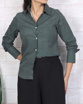 Shein Spread Collar Cuffed Sleeves Striped Shirt-picture-19
