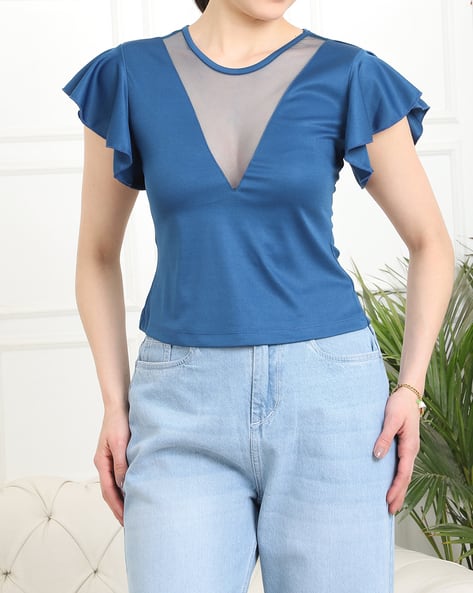 Shein Flutter Sleeve Front Sheer Panel Short Top
