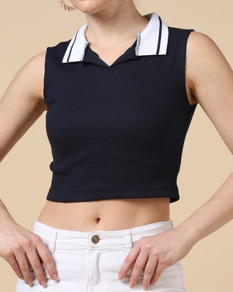 Product image of
                        Shein Shein Sleeveless Contrast Collar Ribbed
                        Crop Top