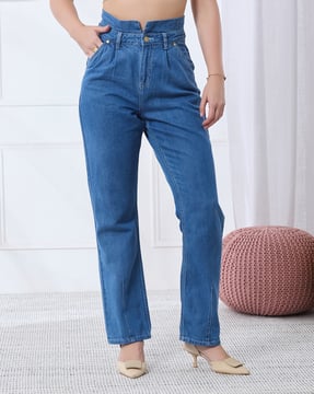 Shein Shein Women Fly With Button Closure Paperbag Waist Light Wash Jeans