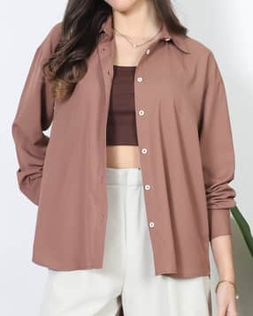 Shein Spread Collar Back Button Detail High-Low Hem Shirt-picture-22