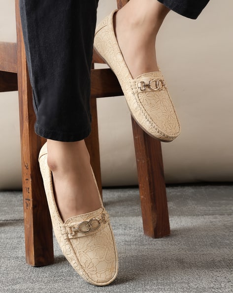Shein Women Slip-On Round Toe Floral Loafers With Metal Bit Detail
