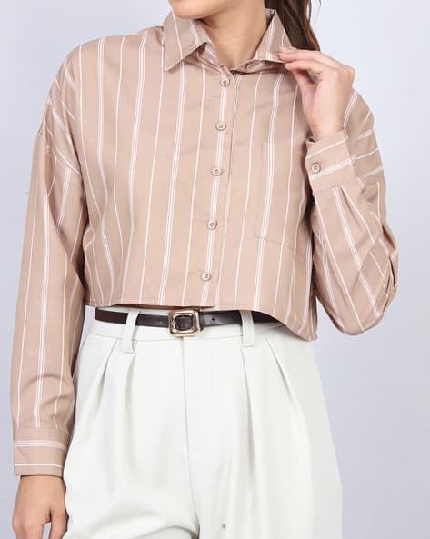 Product image of
                        Shein Shein Drop Shoulder Spread Collar Stripes
                        Crop Shirt
