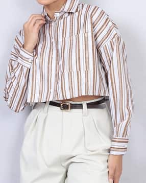 Shein Drop Shoulder Spread Collar Striped Crop Shirt-picture-10