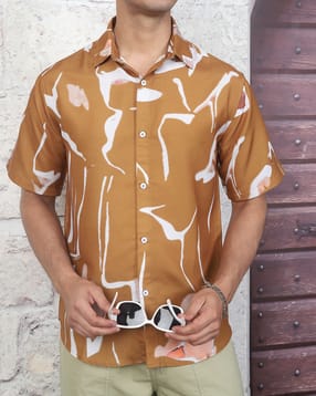 Shein Spread Collar Short Sleeve Abstract Print Shirt-picture-11