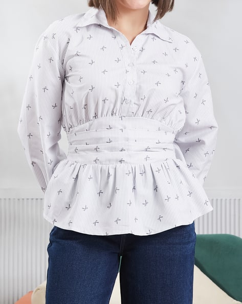 Product image of
                        Shein Shein Spread Collar Cuffed Sleeve Bow
                        Print Peplum Top
