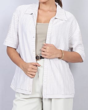Shein Medium Length Spread Collar Textured Striped Shirt-picture-24