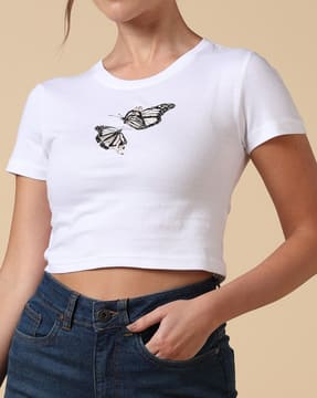 Shein Shein Women Short Sleeve Graphic Chest Print Crew Tshirt