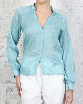 Shein Mandarin Collar Raglan Sleeve Floral Embroidery Shirt-picture-28
