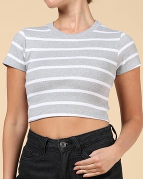Shein Short Sleeves Striped Crop Crew Tshirt-picture-22