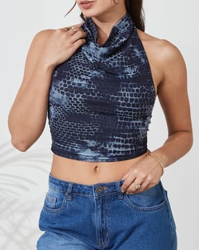 Shein Shein Women Halter Cowl Neck Back Tie-Up Reptilian Print Top