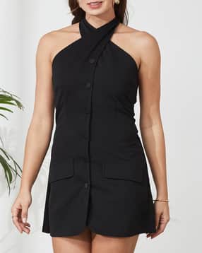 Shein Cross-Over Halter Neck Smocked Back Playsuit-picture-49