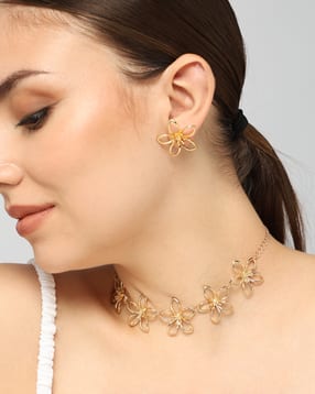 Shein Women Gold Flower Design Necklace & Earrings Set-picture-18