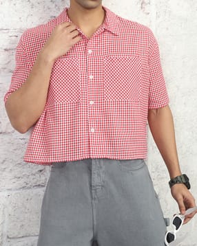 Shein Spread Collar Checked Short Shirt with Pocket-picture-10