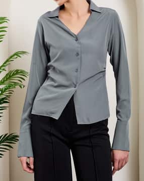 Shein Ruched Full Cuffed Sleeves Spread Collar Shirt-picture-44