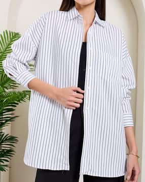 Shein Drop Shoulder Spread Collar Striped Long Shirt-picture-25