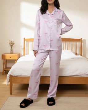 Shein Cuban Collar Full Sleeve Bow Print Shirt & Pyjama Set-picture-38