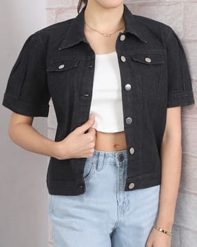 Shein Spread Collar Short Sleeve Panelled Denim Jacket-picture-26