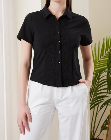 Product image of
                        Shein Shein Spread Collar Short Sleeve Lace
                        Detail Panelled Shirt