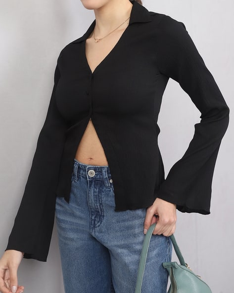 Product image of
                        Shein Shein Medium Length Bell Sleeve Slit Hem
                        Textured Top