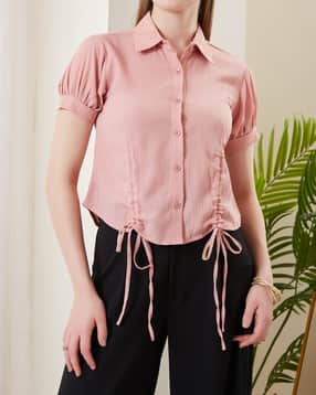 Shein Spread Collar Puff Sleeve Ruched Tie Up Shirt-picture-29