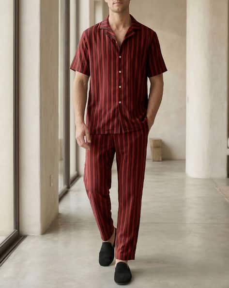 Shein Cuban Collar Striped Shirt & Pyjama Lounge Set