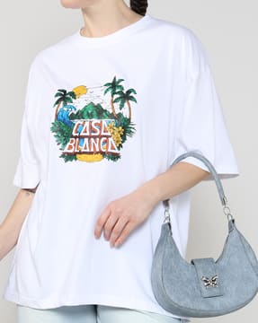 Shein Shein Women Drop Shoulder Graphic Chest Print Crew Tshirt