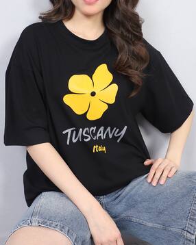 Shein Drop Shoulder Floral Chest Print Long Crew Tshirt-picture-24