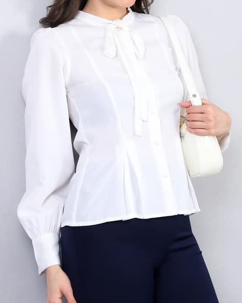 Product image of
                        Shein Shein Mandarin Tie-Up Collar Cuffed Sleeve
                        Pleated Shirt