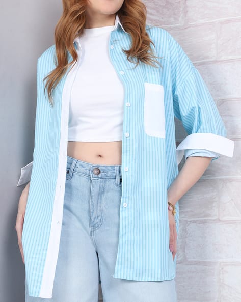 Product image of
                        Shein Shein Spread Collar Drop Shoulder Stripes
                        Shirt With Chest Pocket