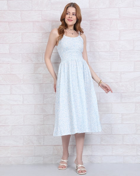 slim fit dress slacks Berrylush Women White Floral Print Shoulder Straps Ruffled Fit and Fla main image 0