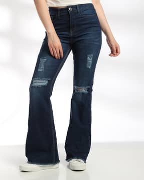 Shein Shein Women Full Length Frayed Hem Mid Wash Distressed Jeans