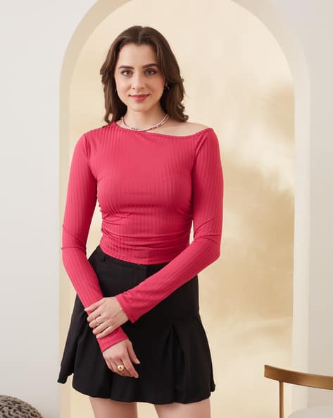 Product image of
                        Shein Shein Asymmetrical Neck Full Sleeve Ribbed
                        Ruched Crop Top