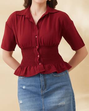Shein Spread Collar Smocked Waist Peplum Shirt-picture-21