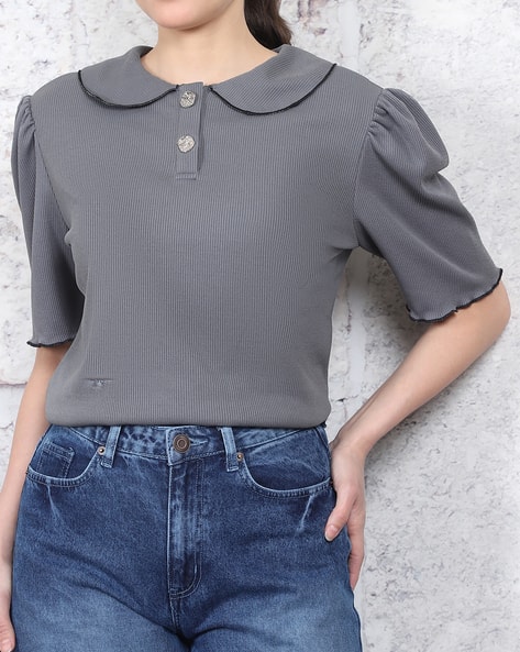 Product image of
                        Shein Shein Puff Short Sleeve Peter Pan Collar
                        Ribbed Top