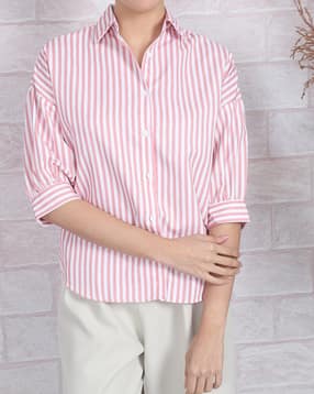 Shein Spread Collar Drop Shoulder Curved Hem Striped Shirt-picture-11