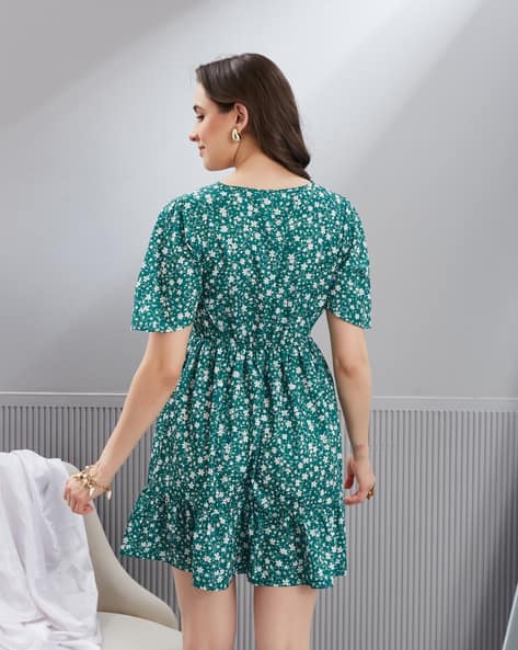 green emerald velvet dress Jade Multicolor Flutter Sleeve Floral Dress  Filly Flair