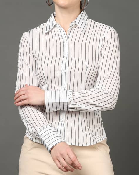 Product image of
                        Shein Shein Spread Collar Full Sleeve Dart
                        Detail Striped Shirt