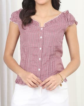 Shein Deep V Neck Puff Sleeve Checked Pleated Top-picture-38