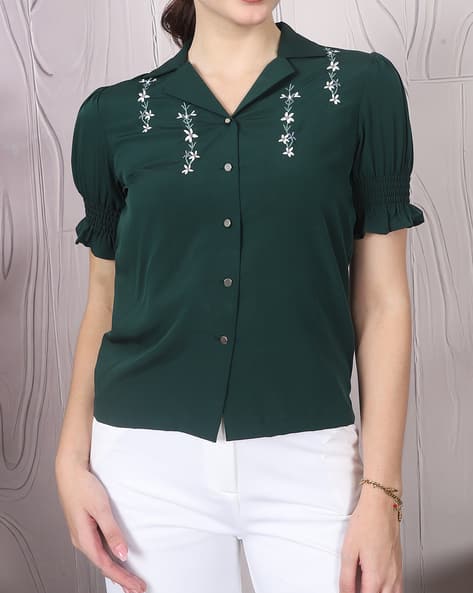Product image of
                        Shein Shein Cuban Collar Embroidered Smocked
                        Puff Sleeve Shirt