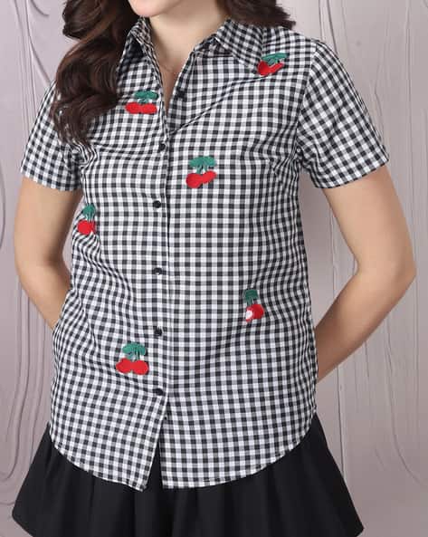 Product image of
                        Shein Shein Spread Collar Checked Cherry
                        Applique Detail Shirt