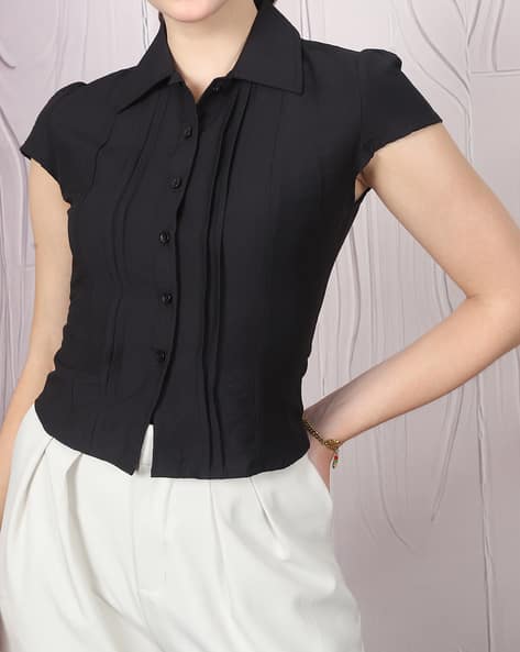 Product image of
                        Shein Shein Cap Sleeves Front Pleated Spread
                        Collar Shirt
