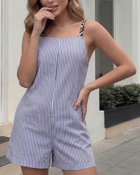 Shein Animal Print Strap Back Tie-Up Striped Playsuit-image-22