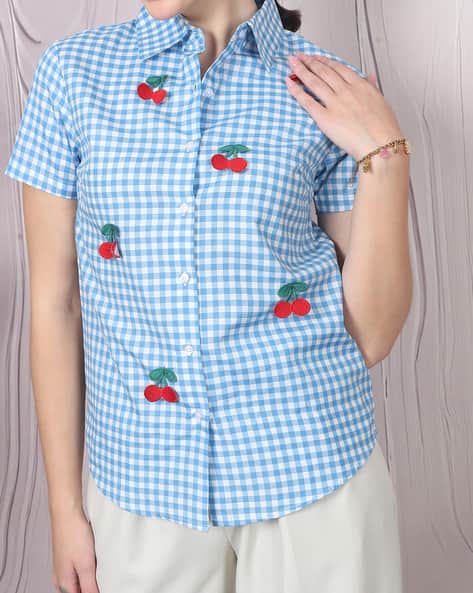Product image of
                        Shein Shein Spread Collar Checked Cherry
                        Applique Detail Shirt