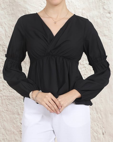 Product image of
                        Shein Shein Bishop Sleeve Gathered Waist Peplum
                        Top