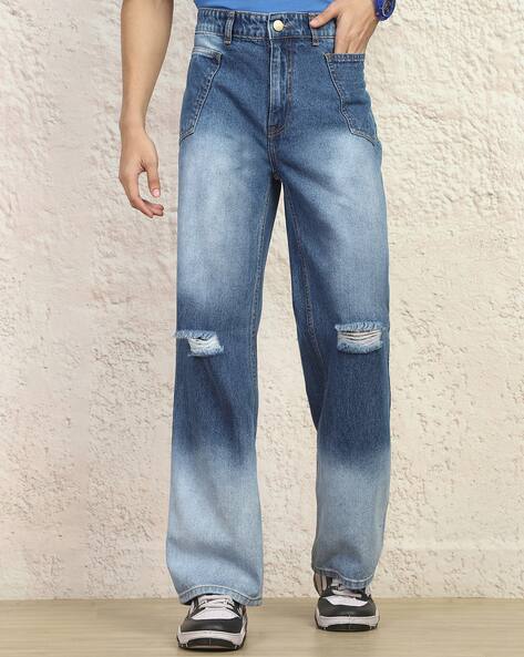 Shein Fly With Button Closure Mid Wash Knee Slit Jeans